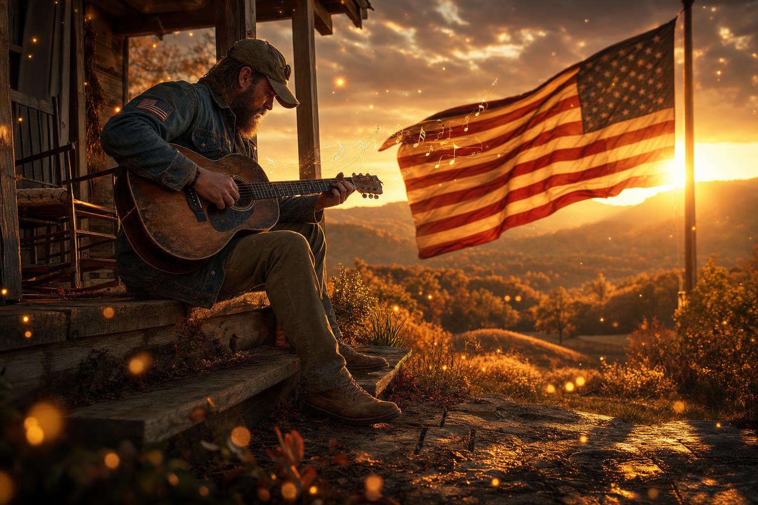 A veteran plays guitar on a porch at golden hour beside an American flag — Operation Song