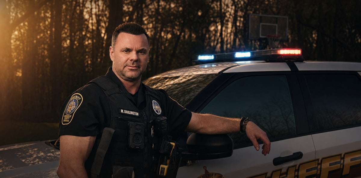 Deputy Sheriff and country artist Chris Darlington beside his Frederick County cruiser at sunset