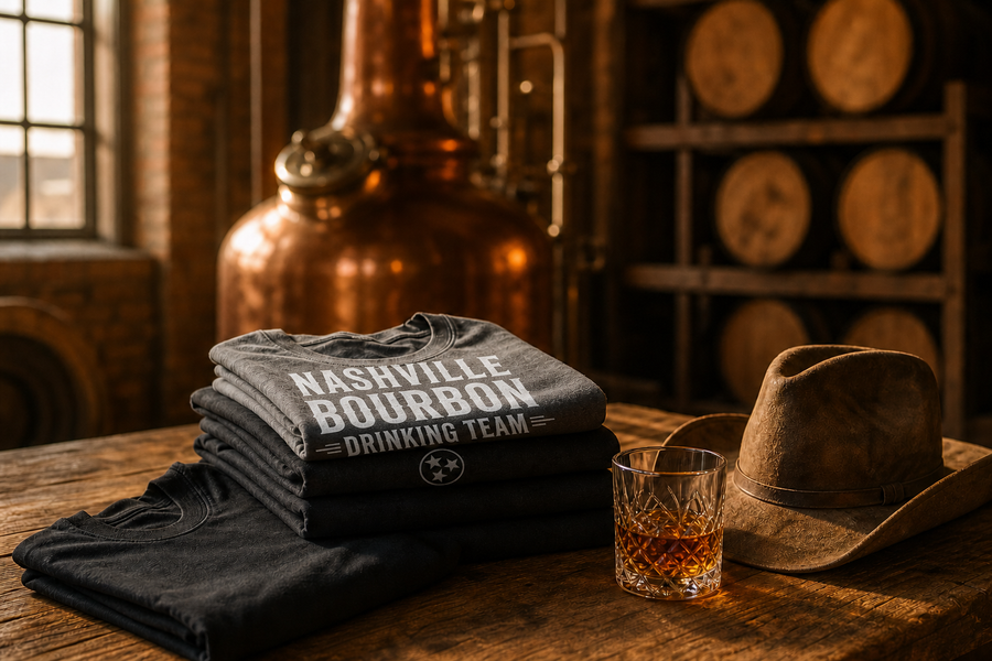 The Nashville Distillery copper still and barrels behind folded first-run tees and a glass of bourbon