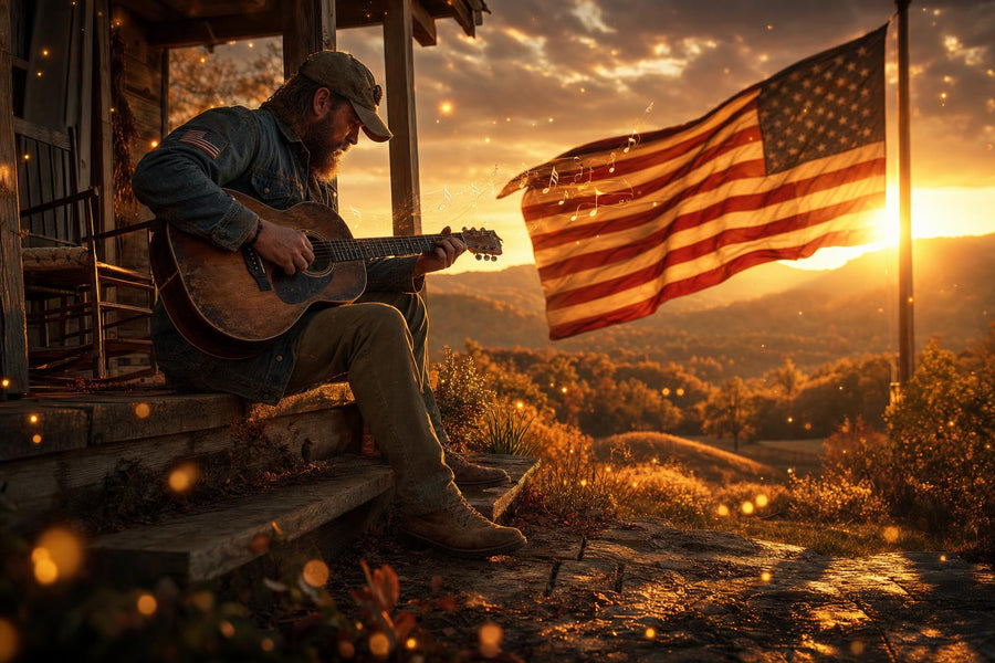 A veteran plays guitar on a porch at golden hour beside an American flag — Operation Song
